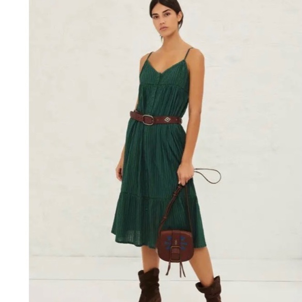 NWT BA&SH Ully Green Striped Textured Midi Dress Sleeveless Sz Lg Made In India - Picture 1 of 16